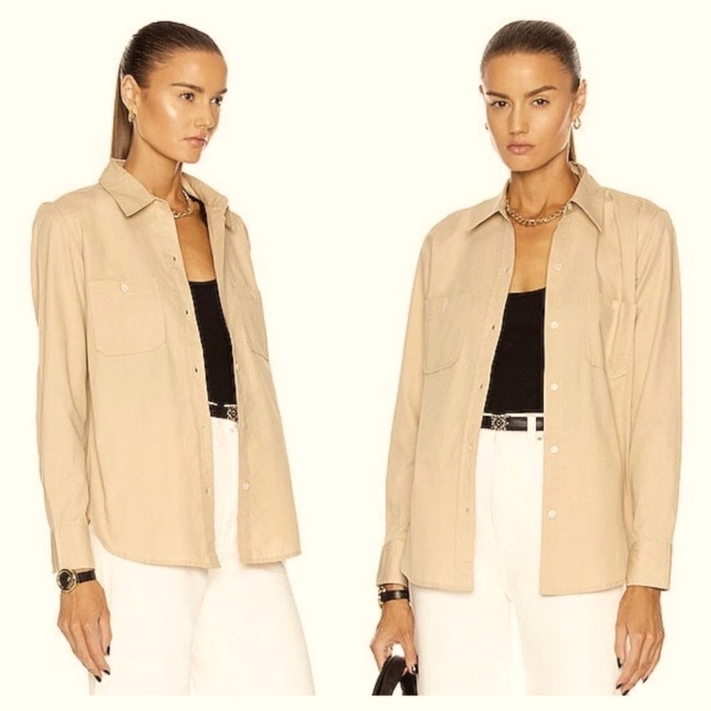 $395 Nili Lotan Tan linen Button Down Shirt Sz L